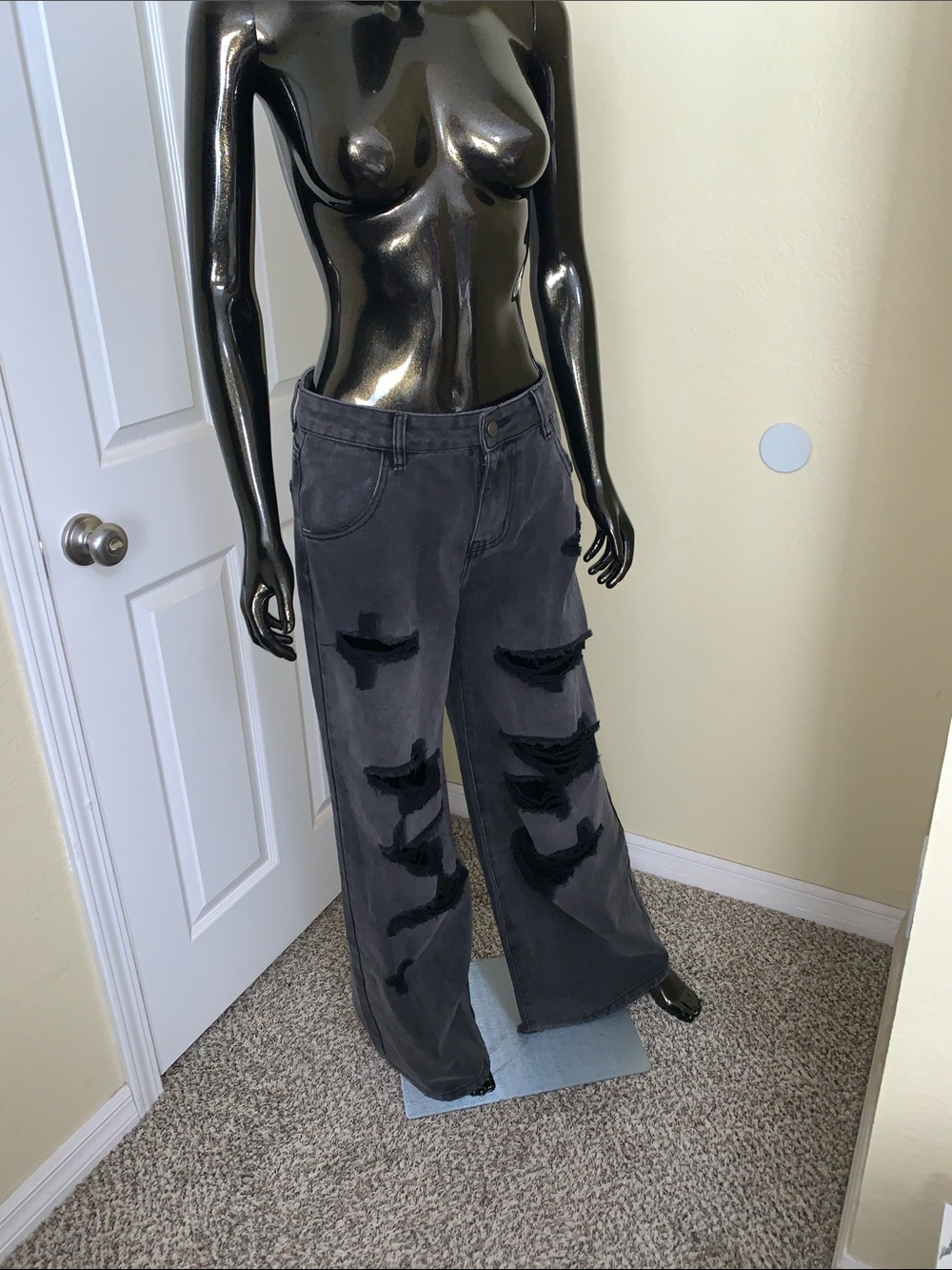 Dolls Kill Widow Black Washed Wide Leg Distressed Pants, Size Small